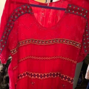 Johnny Was Gorgeous Red Embroidered Short Sleeved Blouse. NWOT